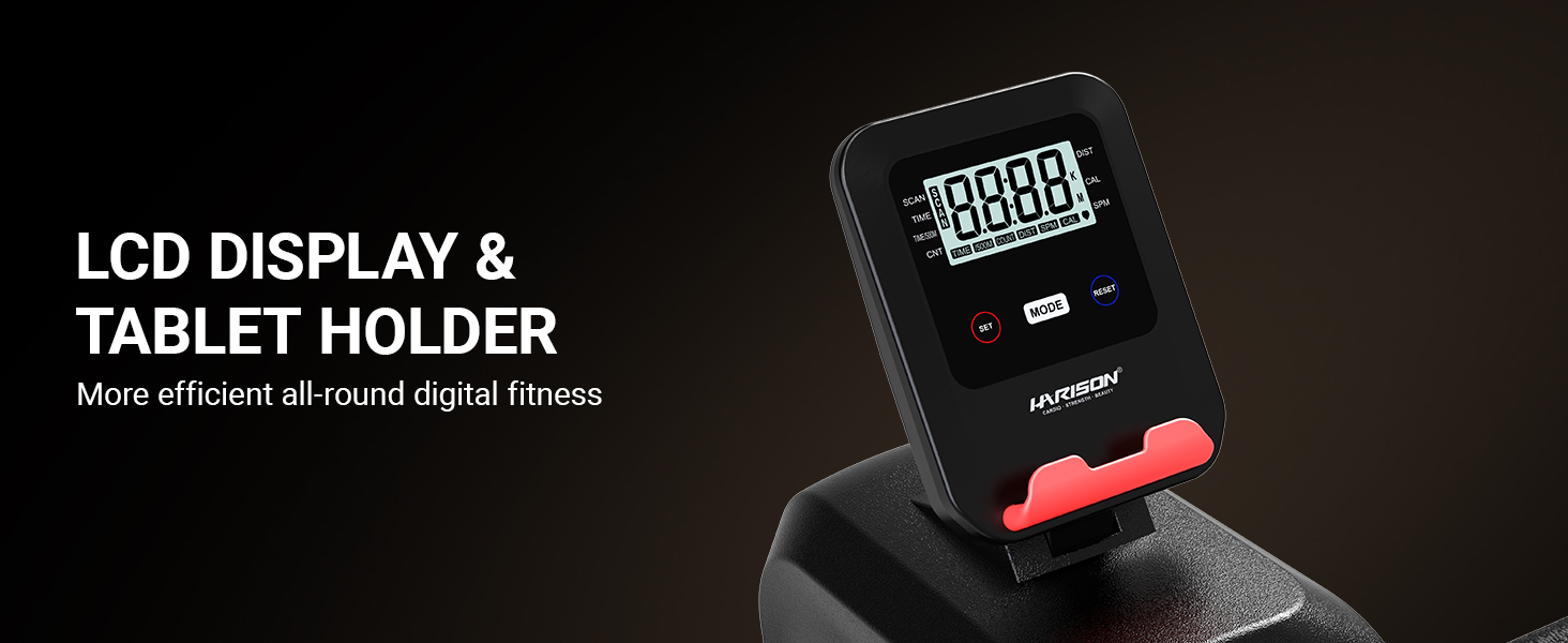 Rowing machine with LCD display and tablet holder.